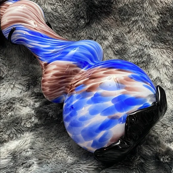 TALL Blown Glass Abstract Art
Vase Blue Brown Swirl Colors Black glass band - Picture 10 of 16